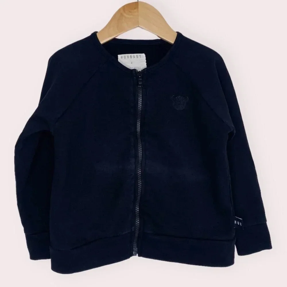 Huxbaby‎ sweat jacket black zip front bear appliqué collarless size 4 years